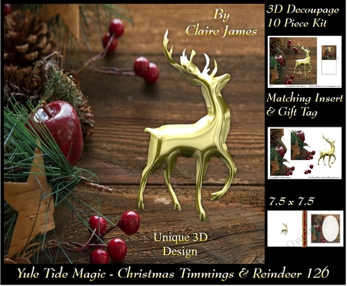 Yule Tide Magic - Christmas Trimmings & Reindeer - 3D Decoupage kit + Insert & Gift Tag