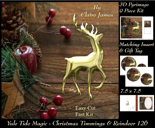 Yule Tide Magic - Christmas Trimmings & Reindeer - 3D Pyramid/pyrimage + Insert & Gift Tag
