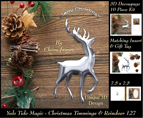 Yule Tide Magic - Christmas Trimmings & Reindeer - 3D Decoupage kit + Insert & Gift Tag