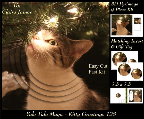 Yule Tide Magic - Kitty Greetings - 3D Pyramid/pyrimage + Insert & Gift Tag