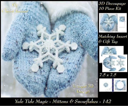 Yule Tide Magic - Mittens & Snowflake - 3D Decoupage kit + Insert & Gift Tag