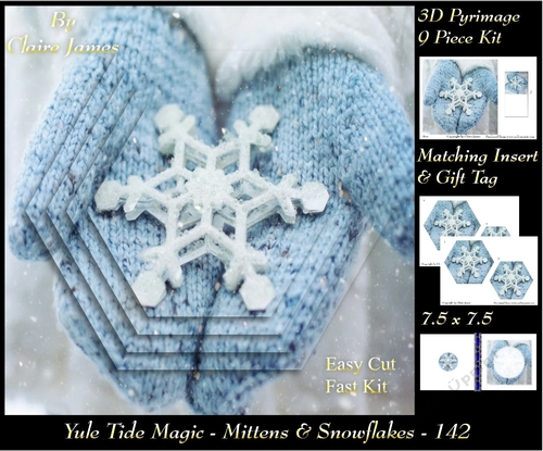 Yule Tide Magic - Mittens & Snowflake - 3D Pyramid/pyrimage + Insert & Gift Tag