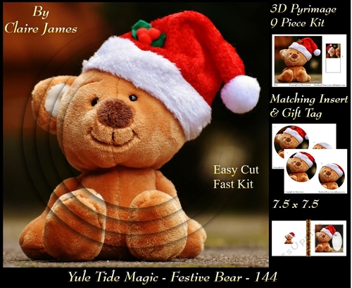 Yule Tide Magic - Festive Bear - 3D Pyramid/pyrimage + Insert & Gift Tag