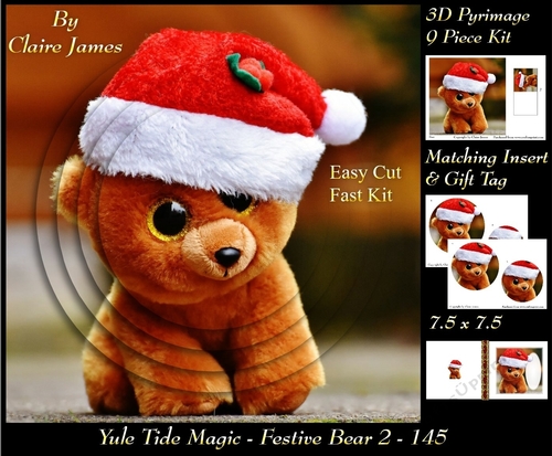 Yule Tide Magic - Festive Bear 2 - 3D Pyramid/pyrimage + Insert & Gift Tag