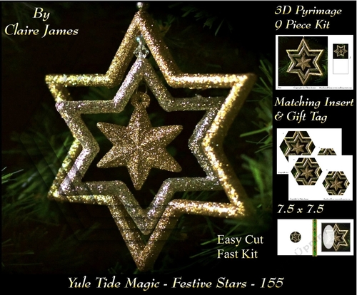 Yule Tide Magic - Festive Stars - 3D Pyramid/pyrimage + Insert & Gift Tag