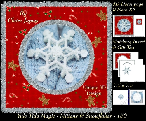 Yule Tide Magic - Mittens & Snowflakes - 3D Decoupage kit + Insert & Gift Tag