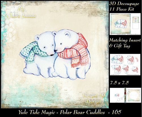 Yule Tide Magic - Polar Bear Cuddles - 3D Decoupage kit + Insert & Gift Tag