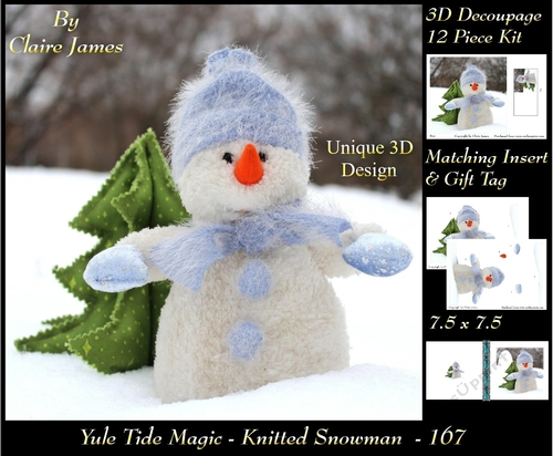 Yule Tide Magic - Knitted Snowman - 3D Decoupage kit + Insert & Gift Tag