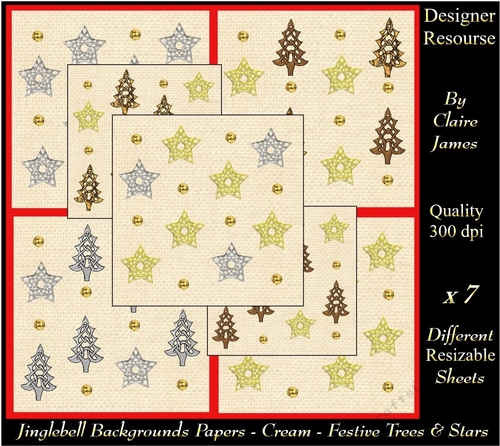 Jingle Bell Decorative Background Papers - Festive Trees & Stars Cream 