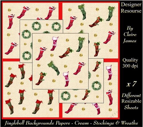 Jingle Bell Decorative Background Papers - Stockings & Wreaths Cream 