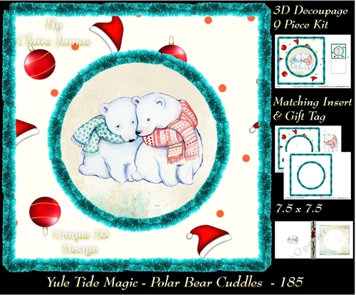 Yule Tide Magic - Polar Bear Cuddles - 3D Decoupage kit + Insert & Gift Tag
