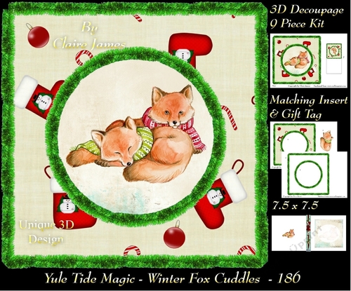 Yule Tide Magic - Winter Fox Cuddles - 3D Decoupage kit + Insert & Gift Tag