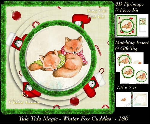 Yule Tide Magic - Winter Fox Cuddles - 3D Pyramid/pyrimage + Insert & Gift Tag