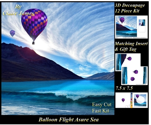 Hot Air Balloons - Balloon Flight asure sea - 3D Decoupage + Insert & Tag