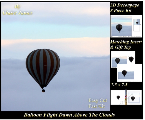 Hot Air Balloons - Balloon Flight dawn above clouds  - 3D Decoupage + Insert & Tag