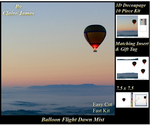 Hot Air Balloons - Balloon Flight dawn mist  - 3D Decoupage + Insert & Tag