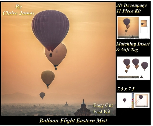 Hot Air Balloons - Balloon Flight eastern mist  - 3D Decoupage + Insert & Tag