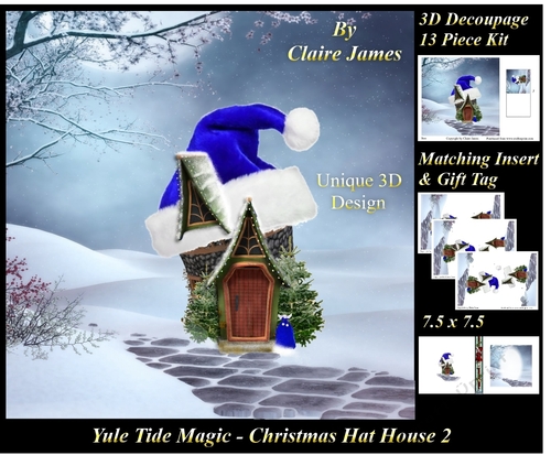 Yule Tide Magic - Christmas Hat House 2 -  3D Decoupage + Insert & Tag