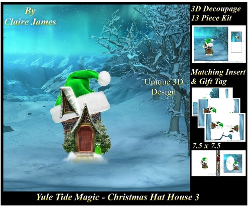 Yule Tide Magic - Christmas Hat House 3 -  3D Decoupage + Insert & Tag