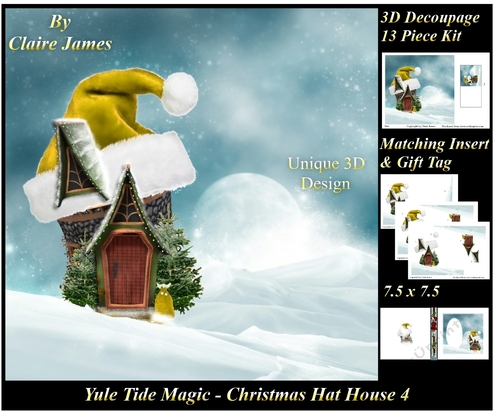 Yule Tide Magic - Christmas Hat House 4 -  3D Decoupage + Insert & Tag