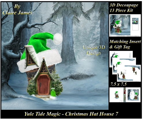 Yule Tide Magic - Christmas Hat House 7 -  3D Decoupage + Insert & Tag
