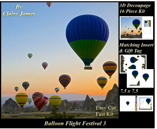 Hot Air Balloons - Balloon Flight Festival 3 - 3D Decoupage + Insert & Tag