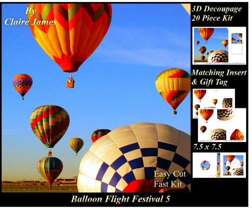 Hot Air Balloons - Balloon Flight Festival 5 - 3D Decoupage + Insert & Tag