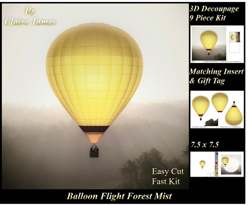 Hot Air Balloons - Balloon Flight Forest Mist - 3D Decoupage + Insert & Tag