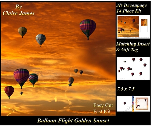 Hot Air Balloons - Balloon Flight Golden Sunset - 3D Decoupage + Insert & Tag