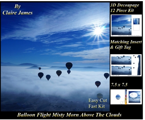 Hot Air Balloons - Balloon Flight Above the Clouds - 3D Decoupage + Insert & Tag