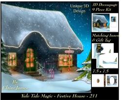 Yule Tide Magic 211 - Festive House - 3D Decoupage + Insert & Tag