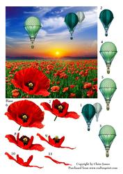 Poppy Field Red & Hot Air Balloons Steampunk + Decoupage