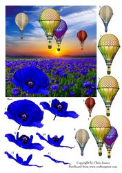 Poppy Field Blue & Hot Air Balloons Steampunk + Decoupage