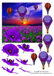 Poppy Field Purple & Hot Air Balloons Steampunk + Decoupage