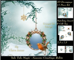 Yule Tide Magic - Festive Robin Christmas - 3D Decoupage kit + Insert & Gift Tag