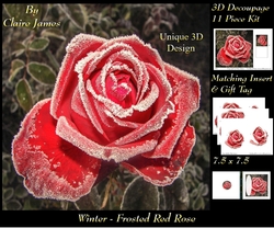 Winter - Frosted Red Rose - Decoupage + Insert & Tag