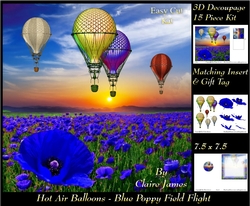 Hot Air Balloons - Blue Poppy Sunset Flight - 3D Decoupage + Insert & Tag