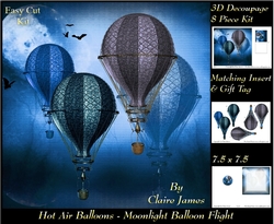 Hot Air Balloons - Moonlight Balloon Flight 2 - 3D Decoupage + Insert & Tag