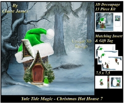 Yule Tide Magic - Christmas Hat House 7 -  3D Decoupage + Insert & Tag