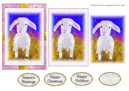 CHRISTMAS LAMB: 4x6 Quick Card With Easy Decoupage, 4 Sentiment Tags & Commercial Use