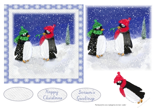 CUTE PENGUINS CHRISTMAS CARD: 6 by 6 Quick Card With Easy Decoupage & 3 Sentiment Tags