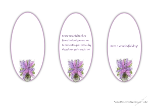 LILACS: 3 Purple and Pink Floral Inserts/Mini Toppers, 1 Blank, 2 With Verse/Sentiments
