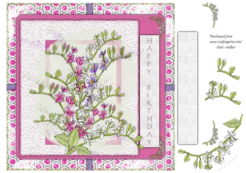 HAPPY BIRTHDAY FREESIAS: 8x8 Pink and Purple Floral Card Front With Decoupage 