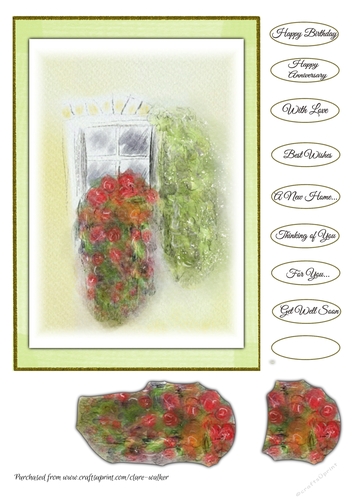 FLORAL WINDOW BOX: A5 Quick Card With 9 Sentiment Tags, Decoupage & Commercial Use