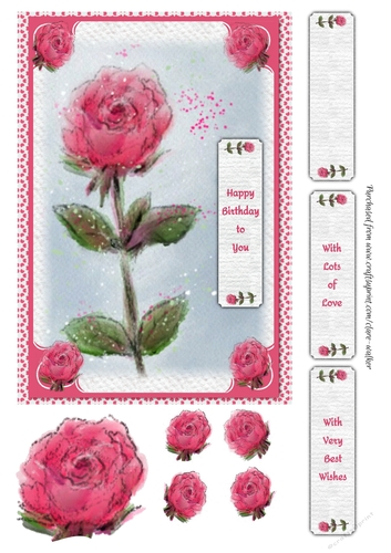 PINK ROSES: A5 Pink Rose Birthday Quick Card With Decoupage & Commercial Use