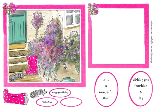 SUMMER  FLORAL GARDEN WITH CAT & BOOTS: Combined Topper & insert Sheet With Decoupage, Verses and Tags