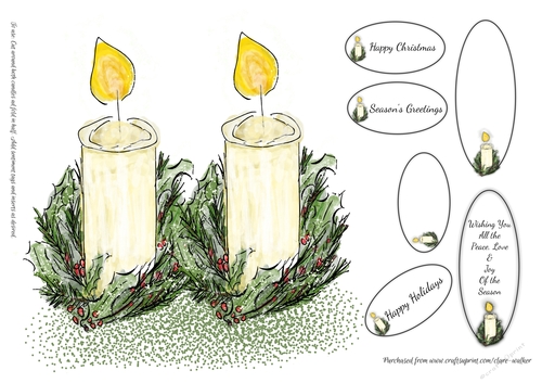 CANDLE-SHAPED CHRISTMAS CARD: With 2 Inserts/Toppers & 4 Sentiment Tags