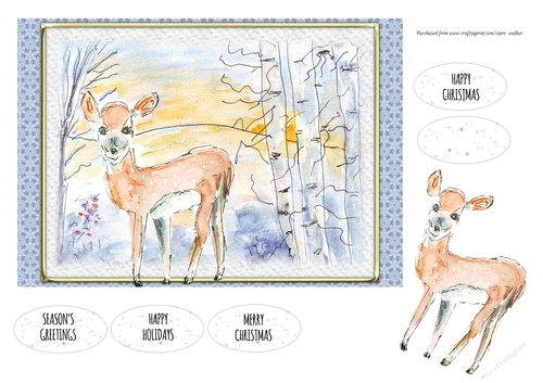 DEER CHRISTMAS CARD: A5 Topper With Decoupage, 5 Sentiment Tags and Commercial Use