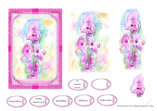 PINK GLADIOLI: 4x6 Birthday/Occasion Card With Easy Decoupage and Commercial Use