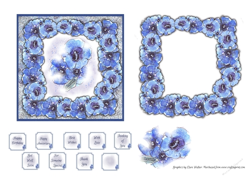 BLUE FLORAL GENTIANS CARD FRONT: 5 by 5 Square With Frame, Decoupage, 9 Sentiment Tags and Commercial Use